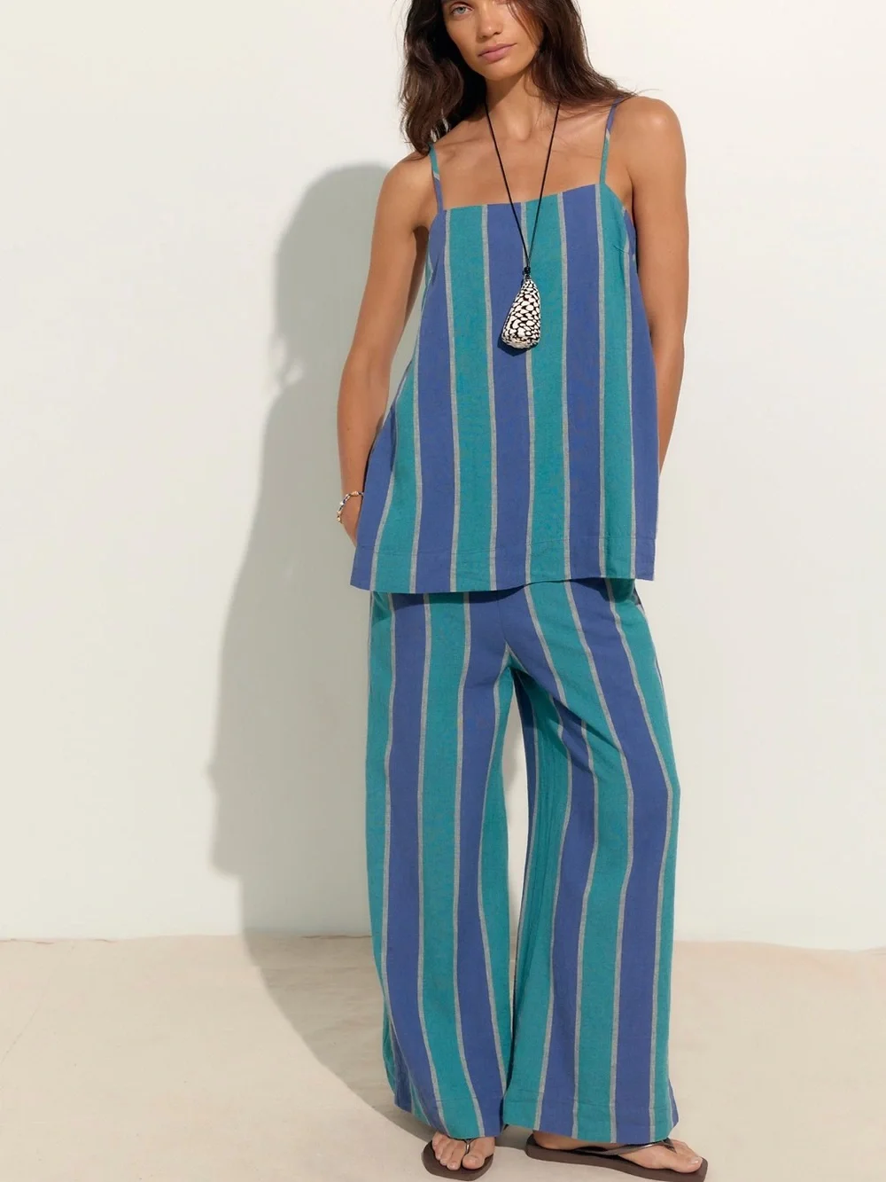 Free People Teal & Blue Vertical-Stripe Wide Leg Pants